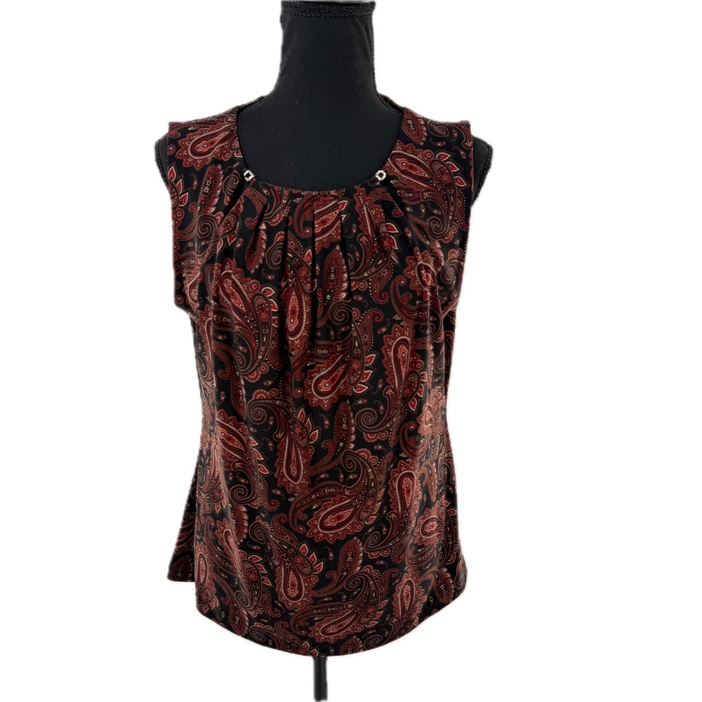 Tommy Hilfiger Paisley Print Sleeveless Top Black/Red Career Blouse Size Large